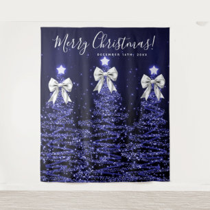 Holiday Backdrop Navy Blue Christmas Trees Silver  Tapestry