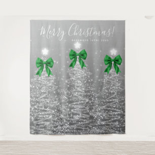 Holiday Backdrop Silver Christmas Trees Green Bows Tapestry