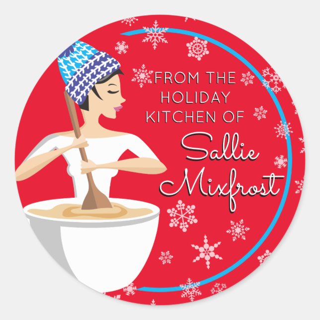 Holiday baking bakery woman Christmas personalized Classic Round Sticker (Front)