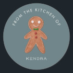 Holiday Baking Gingerbread Man Classic Round Sticker<br><div class="desc">Cute Christmas theme sticker for bakers to label their gifts! It has an illustration of a gingerbread man cookie with the text that says "From the kitchen of." Customize this product by adding your name at the bottom.</div>