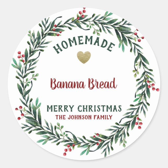 Holiday Baking Merry Christmas  Red berries Wreath Classic Round Sticker (Front)