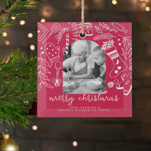 Holiday Baking Red Hand Drawn Christmas Photo Glass Ornament