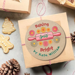 Holiday Baking spirits bright floral kraft paper  Classic Round Sticker