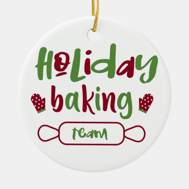 Holiday Baking Team Christmas Oven Mitts Red Green Ceramic Ornament (Front)