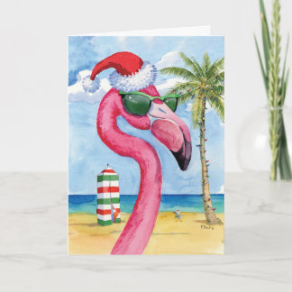 Holiday Beach Animals-Flamingo - Merry Christmas Card