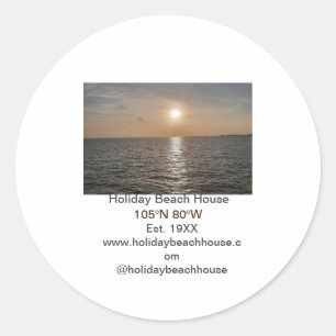 Holiday beach ocean house longitude latitude est.  classic round sticker