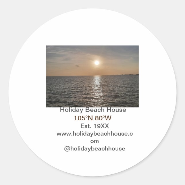 Holiday beach ocean house longitude latitude est.  classic round sticker (Front)