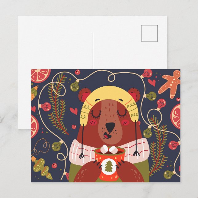 Holiday Bear Drinking Hot Cocoa  Postcard (Front/Back)
