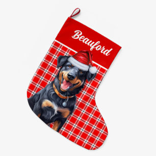 Holiday Beauceron Red Plaid with Dog's Name Large Christmas Stocking