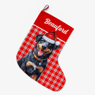 Holiday Beauceron Red Plaid with Dog's Name Large Christmas Stocking
