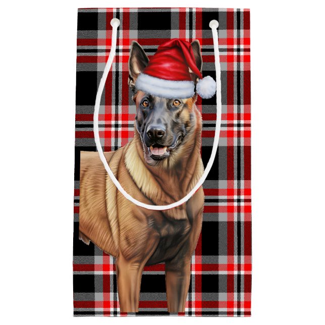 Holiday Belgian Malinois Dog Red Plaid Christmas Small Gift Bag (Front)