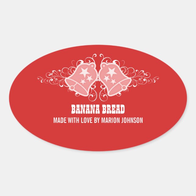 Holiday Bells and Swirls Baking Stickers, Red Oval Sticker (Front)