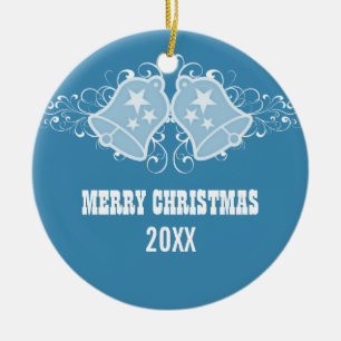 Holiday Bells and Swirls Ornament, Blue Ceramic Ornament