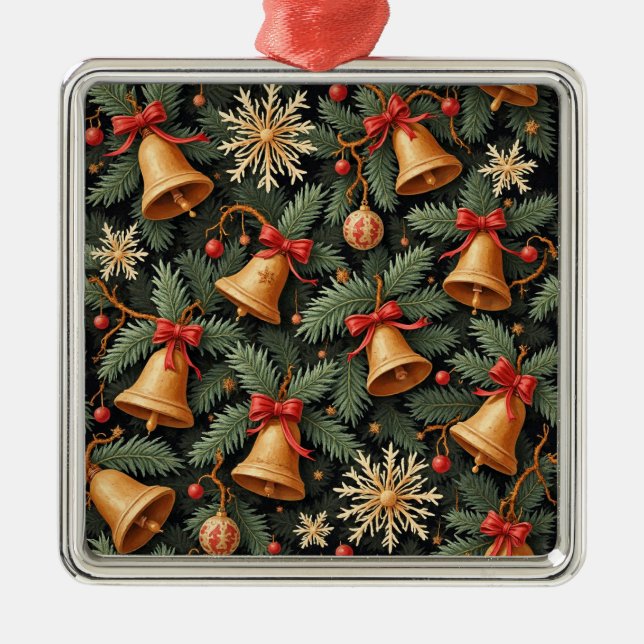 Holiday Bells, Decorative Christmas Pattern, Metal Ornament (Front)