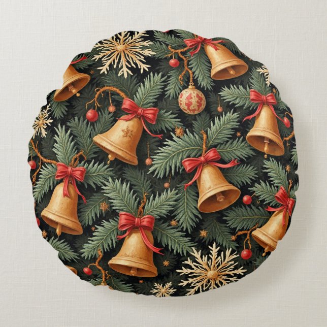 Holiday Bells, Decorative Christmas Pattern, Round Pillow (Front)