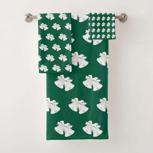 Holiday Bells Repeat Christmas Wedding Green   Bath Towel Set (Insitu)