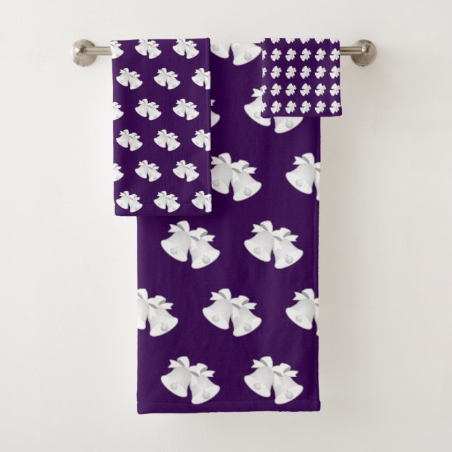 Holiday Bells Repeat Christmas Wedding Purple     Bath Towel Set (Insitu)