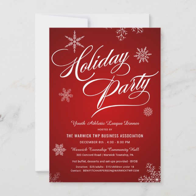Holiday Benefit Fundraiser Red White Snowflakes Invitation (Front)