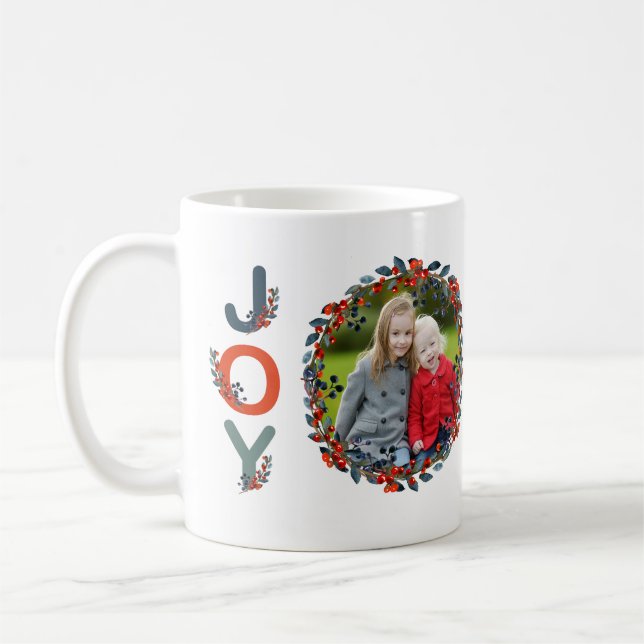 Holiday Berries Modern Christmas Joy Photo Coffee Mug (Left)