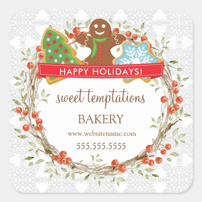 Holiday Berry Wreath Christmas Cookie Square Stick Square Sticker (Front)