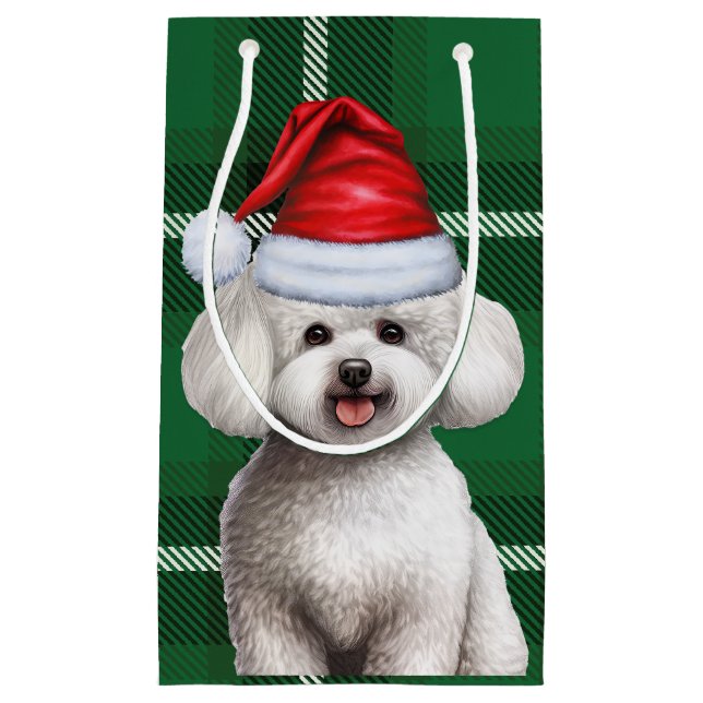 Holiday Bichon Frise Dog Green Plaid Christmas Small Gift Bag (Front)