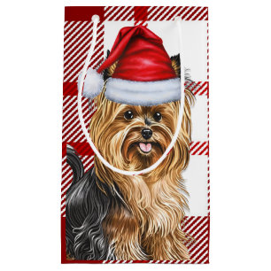 Holiday Biewer Terrier Dog Red Plaid Christmas Small Gift Bag