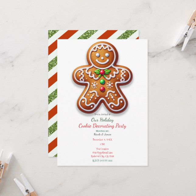Holiday Big Gingerbread Cookie Decorating Party Invitation (Front/Back In Situ)