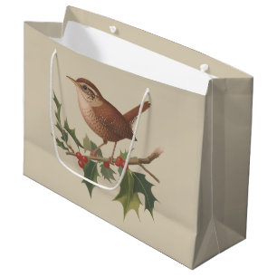 Holiday Bird Wren on Holly Branch Christmas Nature Large Gift Bag