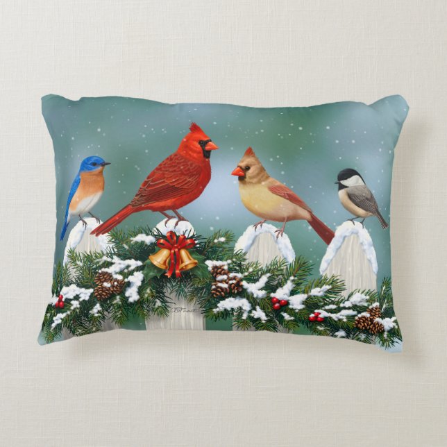 Holiday Birds & Christmas Garland Decorative Pillow (Back)