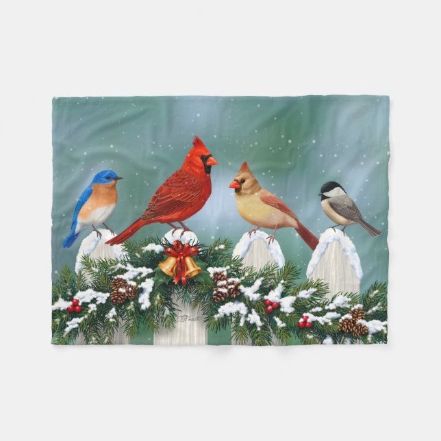 Holiday Birds & Christmas Garland Fleece Blanket (Front (Horizontal))