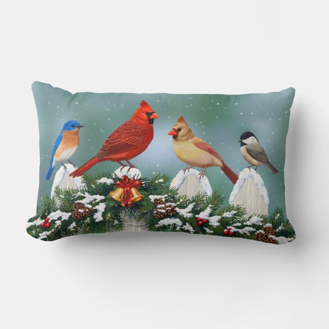 Holiday Birds & Christmas Garland Lumbar Pillow (Front)