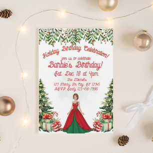 Holiday Birthday Celebration Brunette Doll Invitation