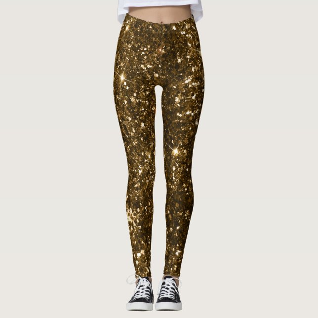 Holiday Black and Gold Faux Glitter Christmas Leggings (Front)