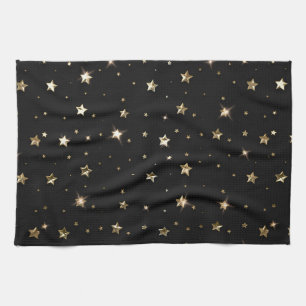 Holiday Black and Gold Faux Metal Christmas Stars Kitchen Towel