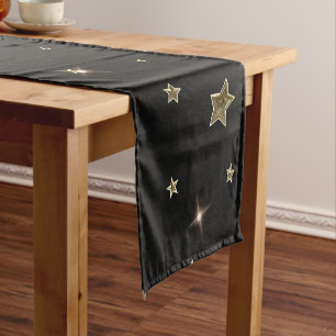 Holiday Black and Gold Faux Metal Christmas Stars Short Table Runner
