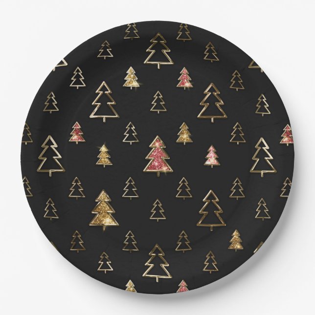 Holiday Black and Gold Faux Metal Christmas Trees Paper Plate (Front)