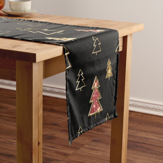 Holiday Black and Gold Faux Metal Christmas Trees Short Table Runner (In Situ)