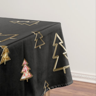 Holiday Black and Gold Faux Metal Christmas Trees Tablecloth