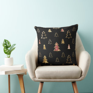Holiday Black and Gold Faux Metal Christmas Trees Throw Pillow