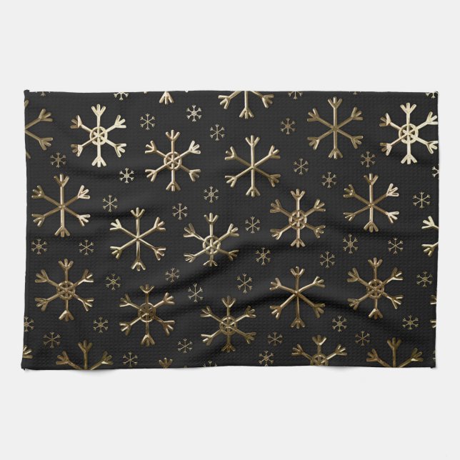 Holiday Black & Gold Metal Christmas Snowflakes Kitchen Towel (Horizontal)