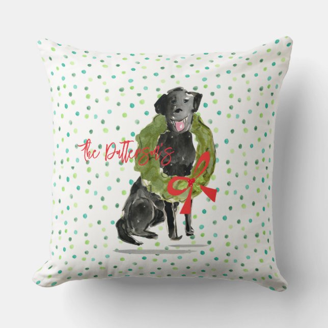 Holiday Black Lab Dog Wreath Holly Family NAME  Throw Pillow (Front)