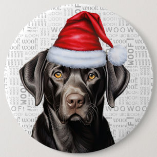 Holiday Black Lab Santa Dog on Woof Background 6 Inch Round Button
