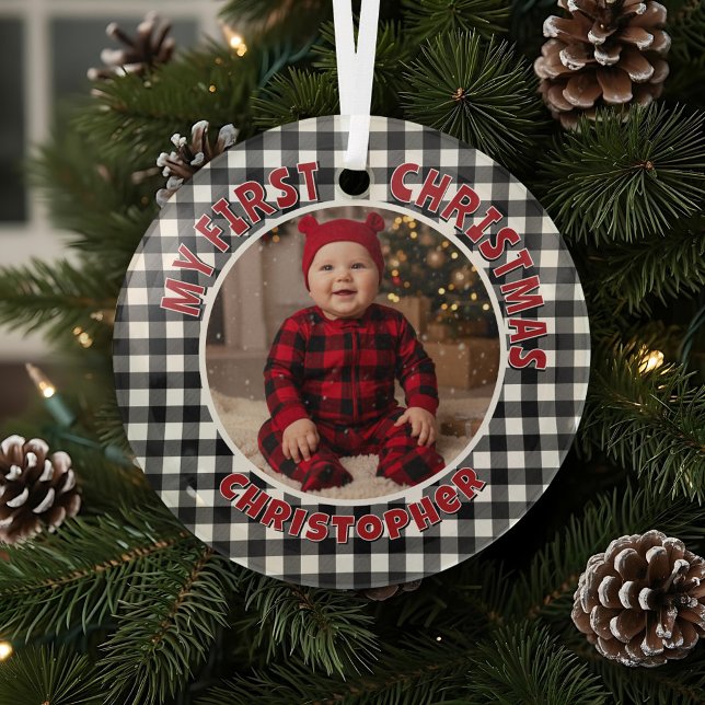 Holiday Black & White Plaid First Christmas Custom Glass Ornament (Creator Uploaded)