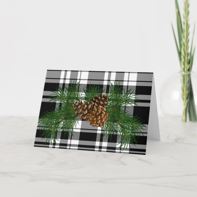Holiday Black White Plaid with Pine cone detail Card (Front)