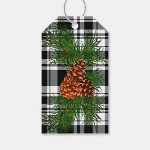 Holiday Black White Plaid with Pine cone detail Gift Tags