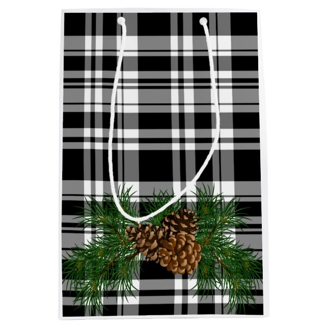 Holiday Black White Plaid with Pine cone detail Medium Gift Bag (Front)