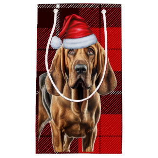 Holiday Bloodhound and Festive Plaid Christmas Small Gift Bag