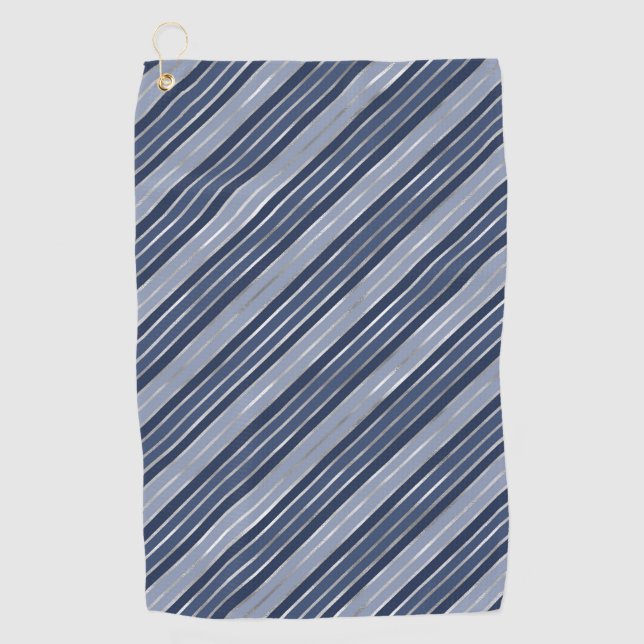 Holiday Blue and Silver Foil Christmas Stripes Golf Towel (Front)