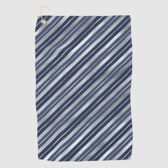 Holiday Blue and Silver Foil Christmas Stripes Golf Towel (Front)