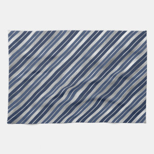 Holiday Blue and Silver Foil Christmas Stripes Kitchen Towel